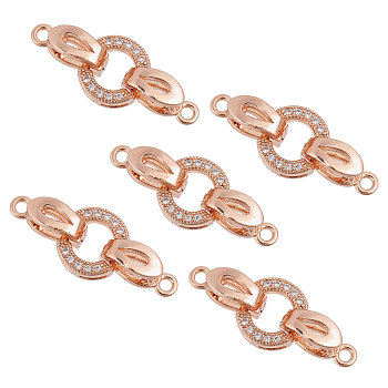 5 Sets Brass Micro Pave Clear Cubic Zirconia Fold Over Clasps, Heart, Real Rose Gold Plated, 18mm, Heart: 8x11x1.5mm, Clasp: 10.5x4x5mm, Hole: 1.2mm