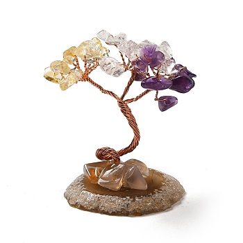 Natural Citrine & Amethyst & Quartz Crystal Chips Tree Display Decorations, Copper Wire Wrapped Feng Shui Ornament, 35~39x39~48x59~80mm