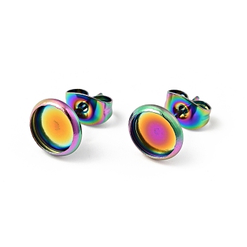 304 Stainless Steel Flat Round Stud Earring Settings, Earring Findings, Rainbow Color, Tray: 6mm, 8mm, Pin: 0.6mm