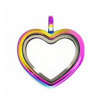 Alloy Magnetic Locket Pendants, Photo Frame Living Memory Floating Charms, with Glass Cover, Heart, Rainbow Color, 30x6.6mm
