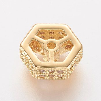 Brass Micro Pave Cubic Zirconia Beads, Hexagon, Golden, 8x8x3mm, Hole: 0.5mm