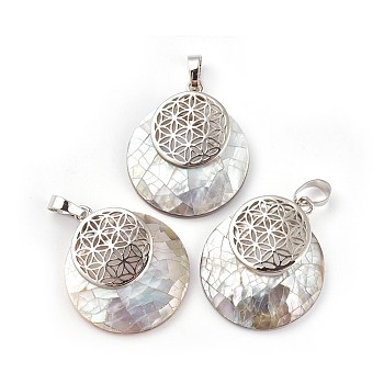 Shell Pendants, Spiritual Charms, with Platinum Tone Brass Findings, Flat Round with Flower of Life/Sacred Geometry, 32~32.5x28x7~7.5mm, Hole: 5x8mm