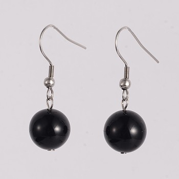 Round 304 Stainless Steel Natural Black Agate Dangle Earrings, 35mm, Pin: 0.8mm