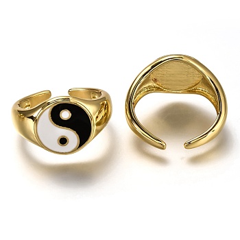 Brass Enamel Cuff Rings, Open Rings, Long-Lasting Plated, Flat Round with Gossip/Yin Yang, Real 18K Gold Plated, Black, US Size 6, Inner Diameter: 17mm