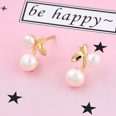 Natural Pearl Cherry Stud Earrings with 925 Sterling Silver Pins(EJEW-T019-03G)-2