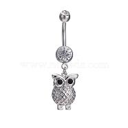 Piercing Jewelry Real Platinum Plated Brass Rhinestone Owl Navel Ring Belly Rings, Crystal, 44x12mm(AJEW-EE0001-64)