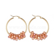304 Stainless Steel Hoop Earrings, with Faceted Glass Beads, Golden, Orange, 12 Gauge, 42x33x2mm, Pin: 0.8x1.2mm(EJEW-JE03572-07)