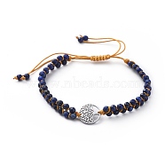 Adjustable Nylon Thread Braided Beads Bracelets, with Natural Lapis Lazuli(Dyed) Beads and 316 Surgical Stainless Steel Micro Pave Cubic Zirconia Links, Flat Round with Tree of Life, 7-1/2 inch~13-3/8 inch(19~34cm)(BJEW-JB04690-02)