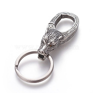 304 Stainless Steel Split Key Rings, Keychain Clasp Findings, Wolf, Antique Silver, 74mm, Ring: 28x2.5mm, 22mm Inner Diameter(STAS-E452-65AS)