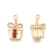 Alloy Rhinestone Pendants, Bowknot Gift Box, for Christmas, Light Gold, 21.5x13x4.5mm, Hole: 1.6mm(FIND-A017-48LG)