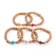 Round Natural Wood Beads Stretch Bracelets, with Alloy Spacer Beads and Dyed Synthetic Magnesite Cross Beads, Mixed Color, Inner Diameter: 2-1/4 inch(5.6cm)(BJEW-JB05847)