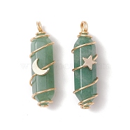 Natural Green Aventurine Copper Wire Wrapped Pendants, Faceted Bullet Charms with Light Gold Tone Star & Moon Brass Beads, 36~37.5x10~10.5x11~12mm, Hole: 3.5~4mm, 2pcs/set(PALLOY-JF02535-05)