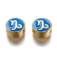 Brass Beads, with Enamel, Flat Round with Constellation, Real 18K Gold Plated, Blue, Capricorn, 10x5mm, Hole: 4.5x2.5mm(ENAM-I046-02G-12)