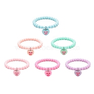 6Pcs 6 Color Candy Color Acrylic Round Beaded Stretch Bracelets Set, Heart with Word Hug Me Resin Charms Stackable Bracelets for Women, Mixed Color, Inner Diameter: 2-1/4 inch(5.6cm), 1Pc/color(BJEW-JB08985)