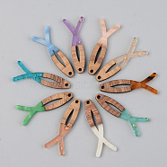 Resin & Walnut Wood Pendants, Fish, Mixed Color, 38x14x3mm, Hole: 2mm(RESI-S389-019A)