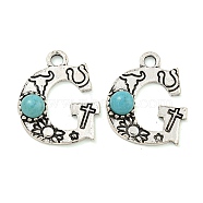 Synthetic Turquoise & Alloy Pendants, Letter Charms, Antique Silver, Letter G, 24x20x5mm, Hole: 3mm(PALLOY-H146-01AS-G)