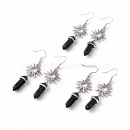 Natural Lava Rock Bullet with Sun Dangle Earrings, Platinum Brass Long Drop Earrings for Women, 60mm, Pin: 0.6mm(EJEW-I276-01P-07)
