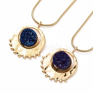 Natural Quartz Flat Round Pendant Necklace with 304 Stainless Steel Snake Chain, Druzy Gemstone Jewelry for Women, Golden, Marine Blue, 17.72 inch(45cm)(NJEW-K244-03G)