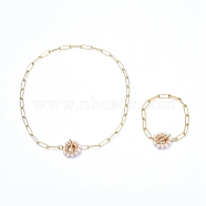 Brass Paperclip Chains Necklace & Bracelet Jewelry Sets, with Natural Freshwater Pearl, Copper Wire and 304 Stainless Steel Toggle Clasps, Golden, Golden, 16.33 inch(41.5cm), 7-5/8 inch(19.4cm)(SJEW-JS01098)