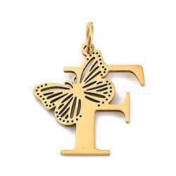 Ion Plating(IP) 201 Stainless Steel Pendants, Letter with Butterfly Charms, Golden, Letter F, 27x25x1.5mm, Ring: 7x1mm, Hole: 5mm(STAS-N103-184G-F)