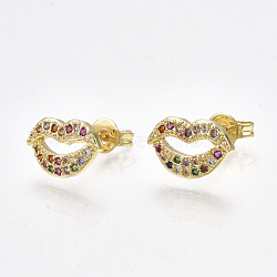 Brass Micro Pave Cubic Zirconia(Random Mixed Color) Ear Studs, with Ear Nuts, Lip, Golden, 7.5x10.5mm, Pin: 0.7mm(EJEW-S201-94)
