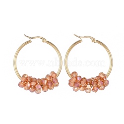 304 Stainless Steel Hoop Earrings, with Faceted Glass Beads, Golden, Orange, 12 Gauge, 42x33x2mm, Pin: 0.8x1.2mm(EJEW-JE03572-07)