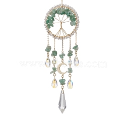 Wire Wrapped Natural Green Aventurine Chip Tree of Life Window Hanging Prism Ornaments, Glass Cone Teardrop Tassel Suncatcher for Home Garden Office Decoration, 318mm, Hole: 8mm(HJEW-TA00283-03)