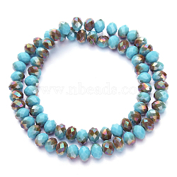 Electroplate Opaque Solid Color Glass Beads Strands, Half Plated, Rainbow Plated, Faceted, Rondelle, Sky Blue, 8x6mm, Hole: 1mm, about 65~68pcs/strand, 15.7~16.1 inch(40~41cm)(EGLA-A034-P8mm-K19)