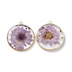 Transparent Clear Epoxy Resin Pendants, with Edge Golden Plated Brass Loops and Gold Foil, Flat Round Charms with Inner Flower, Plum, 33.8x30x4mm, Hole: 2.5mm(RESI-L036-12G-09)