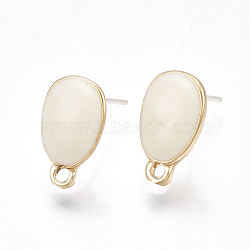 Alloy Stud Earring Findings, with Raw(Unplated) Pins, Enamel and Loop, Teardrop, Light Gold, Beige, 13x8mm, Hole: 1.4mm, Pin: 0.7mm(X-PALLOY-S177-40G)