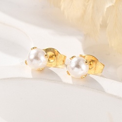 304 Stainless Steel Stud Earrings, with Imitation Pearl Acrylic Beads and Ear Nuts/Earring Back, Round, White, Golden, 16.5x4.5~5.5mm, Pin: 0.7mm, 12pairs/card(EJEW-I229-01G-A)