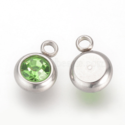 201 Stainless Steel Rhinestone Charms, Flat Round, Peridot, 8.5x6x3mm, Hole: 1.5mm(X-STAS-S068-08)