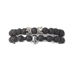 2Pcs 2 Style Natural Lava Rock & Brass Beaded Stretch Bracelets Set, Cubic Zirconia Crown & Skull Stackable Bracelets for Women, Platinum, Inner Diameter: 2 inch(5.2cm), 1Pc/style(BJEW-JB09244-01)