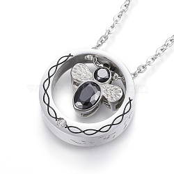 304 Stainless Steel Pendant Necklaces, with Cubic Zirconia, Enamel and Lobster Clasps, Ring and Bee, Black, 19.69 inch(50cm)(X-NJEW-H438-08B)