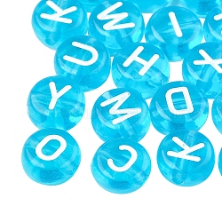 Transparent Acrylic Beads, Flat Round with White Mixed Letters, Deep Sky Blue, 7x4mm, Hole: 1.5mm, about 1480pcs/200g(sgTACR-SZ0001-01F)