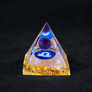 Resin Orgonite Pyramid Home Display Decorations, with Natural Amethyst/Natural Gemstone Chips, Constellation, Libra, 50x50x50mm