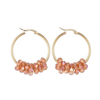 304 Stainless Steel Hoop Earrings, with Faceted Glass Beads, Golden, Orange, 12 Gauge, 42x33x2mm, Pin: 0.8x1.2mm