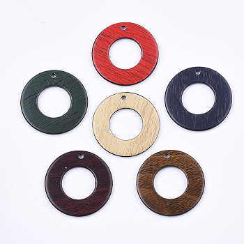 Acrylic Pendants, Imitation Wood, Flat Round, Mixed Color, 32.5x2mm, Hole: 2mm