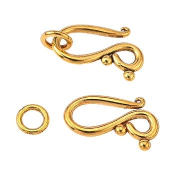 Tibetan Style Hook and Eye Clasps, Antique Golden, Lead Free, Cadmium Free and Nickel Free, Hook: 12x20.5mm, Eye: 7.5mm, Hole: 5mm