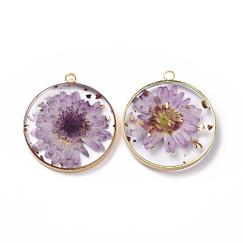 Transparent Clear Epoxy Resin Pendants, with Edge Golden Plated Brass Loops and Gold Foil, Flat Round Charms with Inner Flower, Plum, 33.8x30x4mm, Hole: 2.5mm