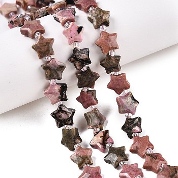 Natural Rhodonite Beads Strands, with Seed Beads, Faceted Star, 9~11x9~11x4~4.5mm, Hole: 1mm, about 16pcs/strand, 0.7~7.28''(17.5~18.5cm), bead: 3mm in diameter, 2mm thick, hole: 0.7~0.9mm