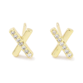 Brass Micro Pave Clear Cubic Zirconia Studs Earring, Letter X, Real 18K Gold Plated, 7x5mm