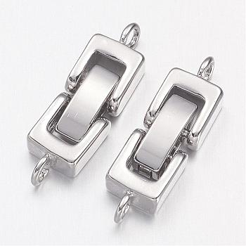 Brass Fold Over Clasps, Rectangle, Cadmium Free & Nickel Free & Lead Free, Platinum, 22~24x7x4mm, Hole: 1mm