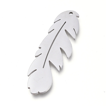304 Stainless Steel Pendants, Manual Polishing, Laser Cut, Feather, Stainless Steel Color, 33.5x10.5x0.8mm, Hole: 1.2mm