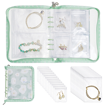 PVC Loose Leaf Jewelry Storage Bag, for Earring Bracelet Display, with Alloy Findings, Rectangle, Pale Green, 21.1x18.5x2.5cm