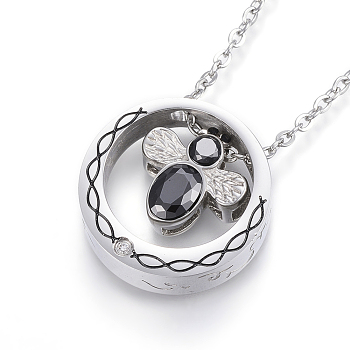 304 Stainless Steel Pendant Necklaces, with Cubic Zirconia, Enamel and Lobster Clasps, Ring and Bee, Black, 19.69 inch(50cm)