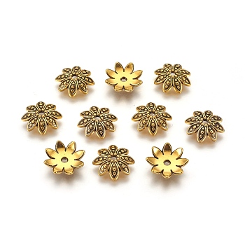 8-Petal Tibetan Style Alloy Flower Bead Caps, Cadmium Free & Lead Free, Antique Golden, 14x3.5mm, Hole: 2mm
