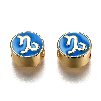 Brass Beads, with Enamel, Flat Round with Constellation, Real 18K Gold Plated, Blue, Capricorn, 10x5mm, Hole: 4.5x2.5mm