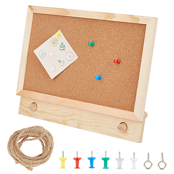 Cork Bulletin Board, with 1Bundle Hemp Rope, 2Pcs Wooden Column, 2Pcs Screw Eye Pin Peg Bails and 6Pcs Thumbtacks, for Memo Holders, BurlyWood, 242x297x29.5mm, Hole: 18mm