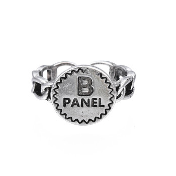 Flat Round with Word B Panel Alloy Open Cuff Finger Ring for Women, Cadmium Free & Lead Free, Antique Silver, US Size 6 1/4(16.7mm)